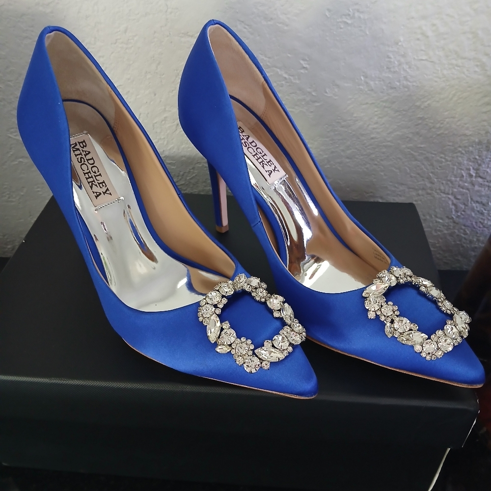 Badgley Mischka Royal Blue Satin Heels with Crystal Buckle